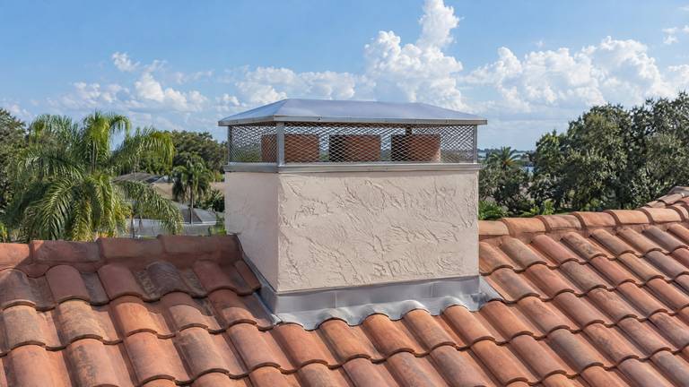 A stainless steel multi-flue cap spanning the crown of a stucco chimney on a terracotta barrel tile roof.