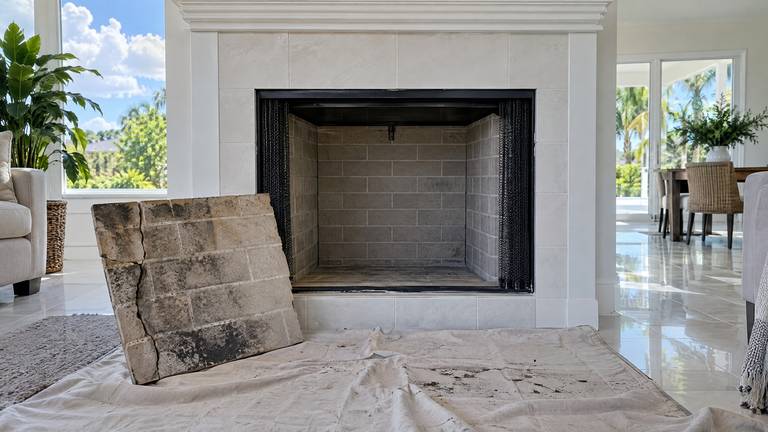 A factory-built firebox fitted with new refractory panels, the old cracked panel leaning in front.