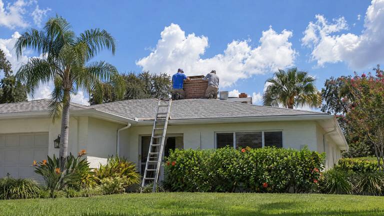 Two workers kneeling on a low shingle roof reset the top courses of a red brick chimney on a stucco ranch home.